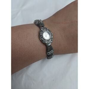 Mandu Women's Silver Tone Marcasite Watch 7.5in Working